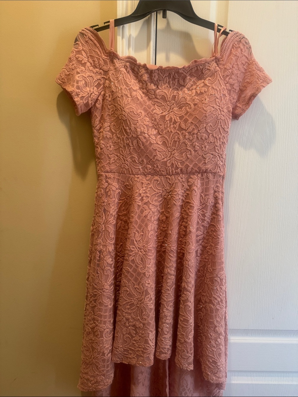Off-Shoulder Lace Fit & Flare Dress in Dusty Rose